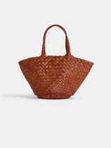 The Dragon Diffusion Egola is a brown woven leather tote bag with two handles, shown upright against a plain white background.