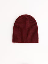 A Cashmere Beanie in maroon ribbed knit is displayed flat against a plain white background.